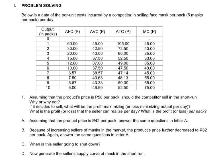 I. PROBLEM SOLVING
Below is a data of the per-unit costs incurred by a competitor in selling face mask per pack (5 masks
per pack) per day.
Output
(in packs)
AFC (P)
AVC (P)
ATC (P)
MC (P)
1
60.00
45.00
105.00
45.00
30.00
20.00
42.50
72.50
40.00
40.00
60.00
3
4
35.00
30.00
35.00
40.00
15.00
12.00
37.50
52.50
37.00
37.50
49.00
47.50
6.
10.00
7
8.57
38.57
40.63
47.14
45.00
8
7.50
48.13
55.00
65.00
6.67
6.00
43.33
46.50
50.00
52.50
10
75.00
1. Assuming that the product's price is P58 per pack, should the competitor sell in the short-run
Why or why not?
If it decides to sell, what will be the profit-maximizing (or loss-minimizing output per day)?
What is the profit (or loss) that the seller can realize per day? What is the profit (or loss) per pack?
A. Assuming that the product price is P42 per pack, answer the same questions in letter A.
B. Because of increasing sellers of masks in the market, the product's price further decreased to P32
per pack. Again, answer the same questions in letter A.
C. When is this seller going to shut down?
D. Now generate the seller's supply curve of mask in the short run.
