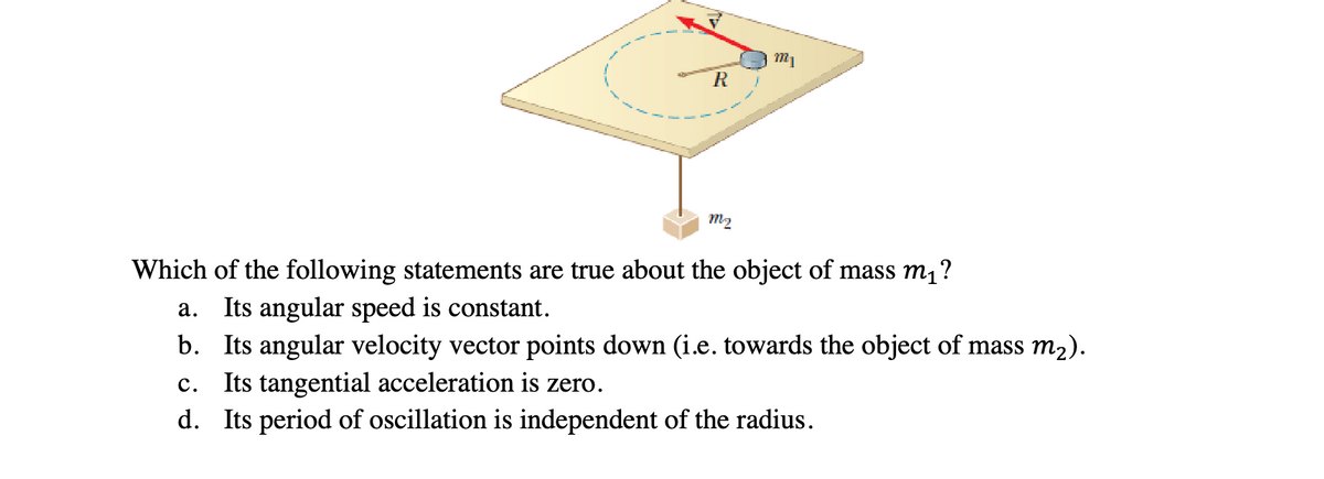 R
m₂
Which of the following statements are true about the object of mass m₁?
a. Its angular speed is constant.
b.
Its angular velocity vector points down (i.e. towards the object of mass m₂).
C. Its tangential acceleration is zero.
d. Its period of oscillation is independent of the radius.