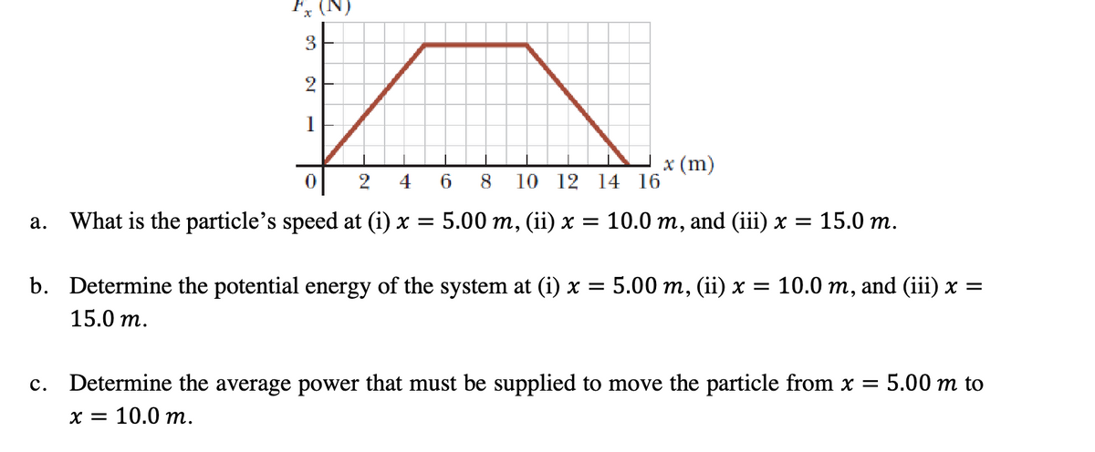 a.
تنا
C.
2
1
x (m)
0
2 4 6 8 10 12 14 16
What is the particle's speed at (i) x = 5.00 m, (ii) x = 10.0 m, and (iii) x = 15.0 m.
b. Determine the potential energy of the system at (i) x = 5.00 m, (ii) x = 10.0 m, and (iii) x =
15.0 m.
Determine the average power that must be supplied to move the particle from x = 5.00 m to
x = 10.0 m.