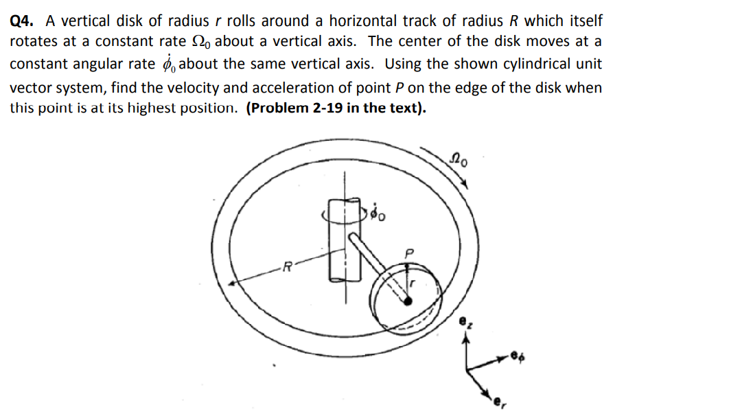 Q4. A vertical disk of radius r rolls around a horizontal track of radius R which itself
rotates at a constant rate 2, about a vertical axis. The center of the disk moves at a
constant angular rate ø, about the same vertical axis. Using the shown cylindrical unit
vector system, find the velocity and acceleration of point P on the edge of the disk when
this point is at its highest position. (Problem 2-19 in the text).
