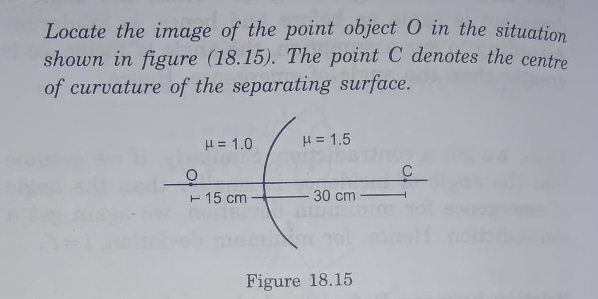 Locate the image of the point object O in the situation
shown in figure (18.15). The point C denotes the centre
of curvature of the separating surface.
H = 1.0
H = 1.5
E 15 cm
30 cm
Figure 18.15
