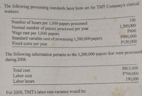 - The following processing standards have been set for TMT Company's clerical
workers:
Number of hours per 1,000 papers processed
150
Normal number of papers processed per year
Wage rate per 1,000 papers
1,500,000
P600
P900,000
Standard variable cost of processing 1,500,000 papers
Fixed costs per year
P150,000
The following information pertains to the 1,200,000 papers that were processed
during 2008:
Total cost
P915,000
Labor cost
P760,000
Labor hours
190,000
For 2008, TMT's labor rate variance would be: