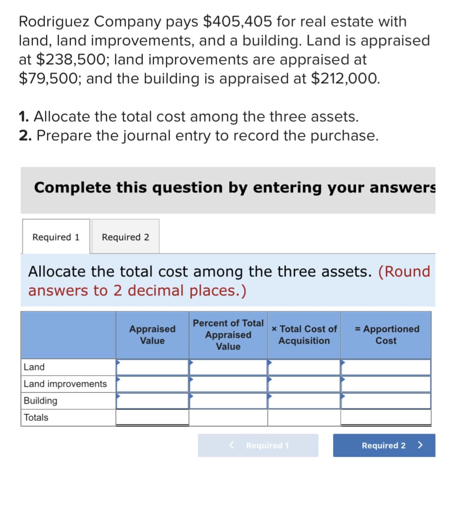 Rodriguez Company pays $405,405 for real estate with
land, land improvements, and a building. Land is appraised
at $238,500; land improvements are appraised at
$79,500; and the building is appraised at $212,000.
1. Allocate the total cost among the three assets.
2. Prepare the journal entry to record the purchase.
Complete this question by entering your answers
Required 1
Required 2
Allocate the total cost among the three assets. (Round
answers to 2 decimal places.)
Percent of Total
Appraised
Value
Appraised
Value
x Total Cost of
Acquisition
= Apportioned
Cost
Land
Land improvements
Building
Totals
Required 1
Required 2
