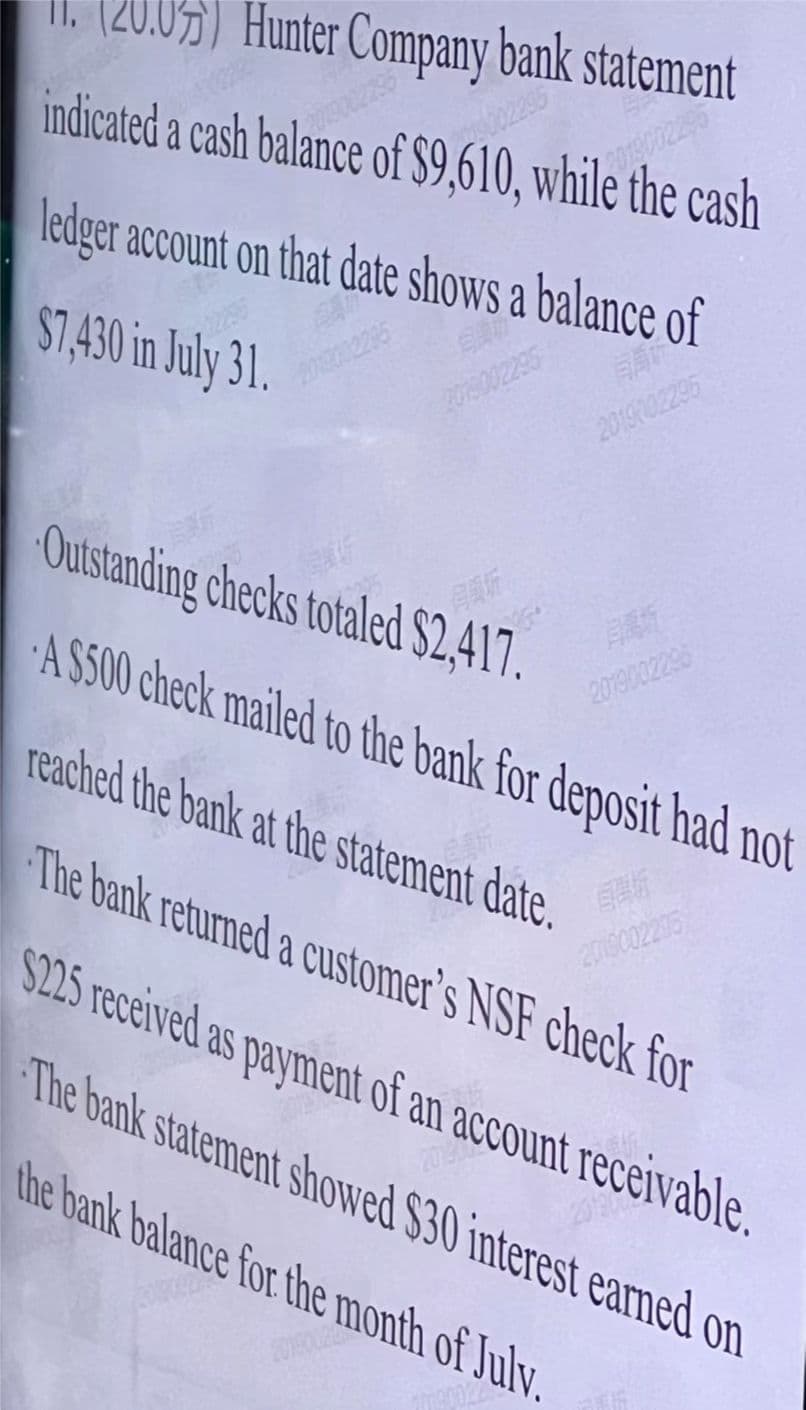 Hunter Company bank statement
indicated a cash balance of $9,610, while the cash
11.
chut
ledger account on that date shows a balance of
$7,430 in July 31.
Outstanding checks totaled $2,417.
A $500 check mailed to the bank for deposit had not
reached the bank at the statement date.
The bank returned a customer's NSF check for
$225 received as payment of an account receivable.
2016092
FAT
2019302296
The bank statement showed $30 interest earned on
201504
20130022
2019002295
the bank balance for the month of July.
7090022
2019002295
20120