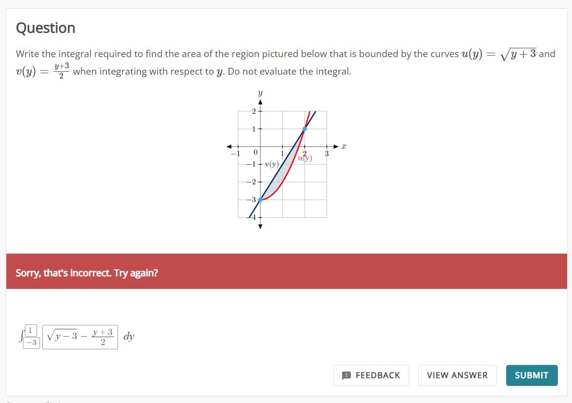 Question
= V
Write the integral required to find the area of the region pictured below that is bounded by the curves u(y)
when integrating with respect to y. Do not evaluate the integral.
v(y) =
=
-3
y+3
2
Sorry, that's incorrect. Try again?
Vy-3-
y + 3
2
dy
Y
A
2
1
0
V
(uty)
-1-v(y)
-2-
3
X
FEEDBACK
VIEW ANSWER
y+3 and
SUBMIT