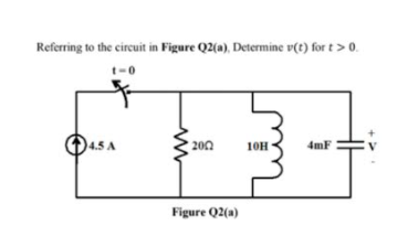 Referring to the circuit in Figure Q2(a), Determine v(t) for t > 0.
t-0
)4.5 A
200
10H
4mF
Figure Q2(a)

