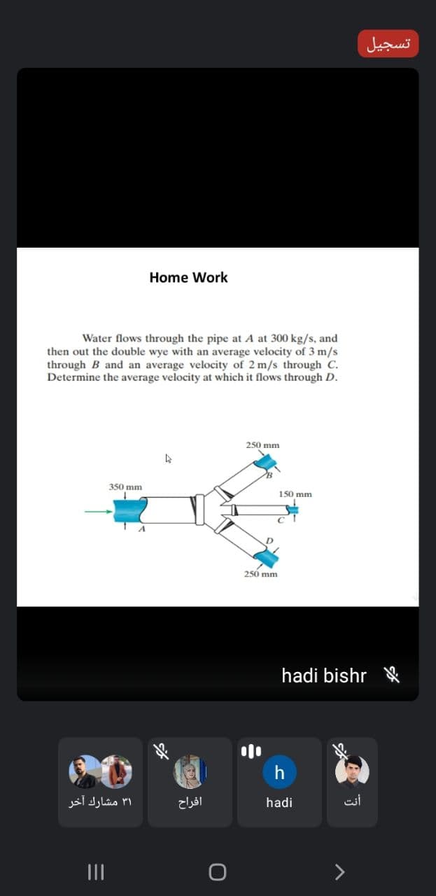 تسجيل
Home Work
Water flows through the pipe at A at 300 kg/s, and
then out the double wye with an average velocity of 3 m/s
through B and an average velocity of 2 m/s through C.
Determine the average velocity at which it flows through D.
250 mm
350 mm
150 mm
250 mm
hadi bishr *
۳۱ مشارك آخر
افراح
hadi
II
