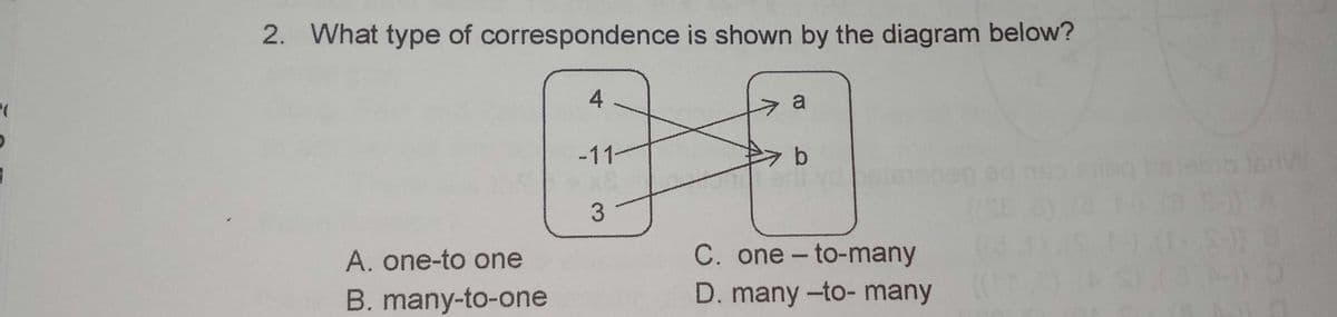 2. What type of correspondence is shown by the diagram below?
4
a
-11
3
C. one - to-many
D. many -to- many
A. one-to one
B. many-to-one
