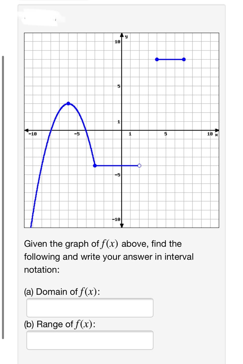 10
5
-10
1
18 x
-5
-10
Given the graph of f(x) above, find the
following and write your answer in interval
notation:
(a) Domain of f(x):
(b) Range of f(x):
