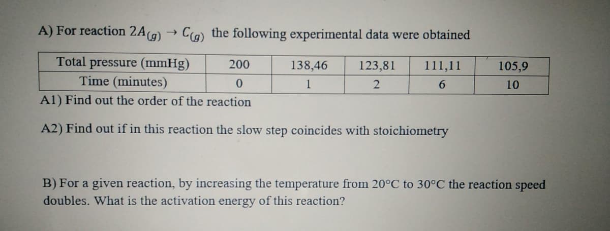 A) For reaction 2A(g) → C(g) the following experimental data were obtained
Total pressure (mmHg)
200
Time (minutes)
0
Al) Find out the order of the reaction
A2) Find out if in this reaction the slow step coincides with stoichiometry
138,46
1
123,81
2
111,11
6
105,9
10
B) For a given reaction, by increasing the temperature from 20°C to 30°C the reaction speed
doubles. What is the activation energy of this reaction?