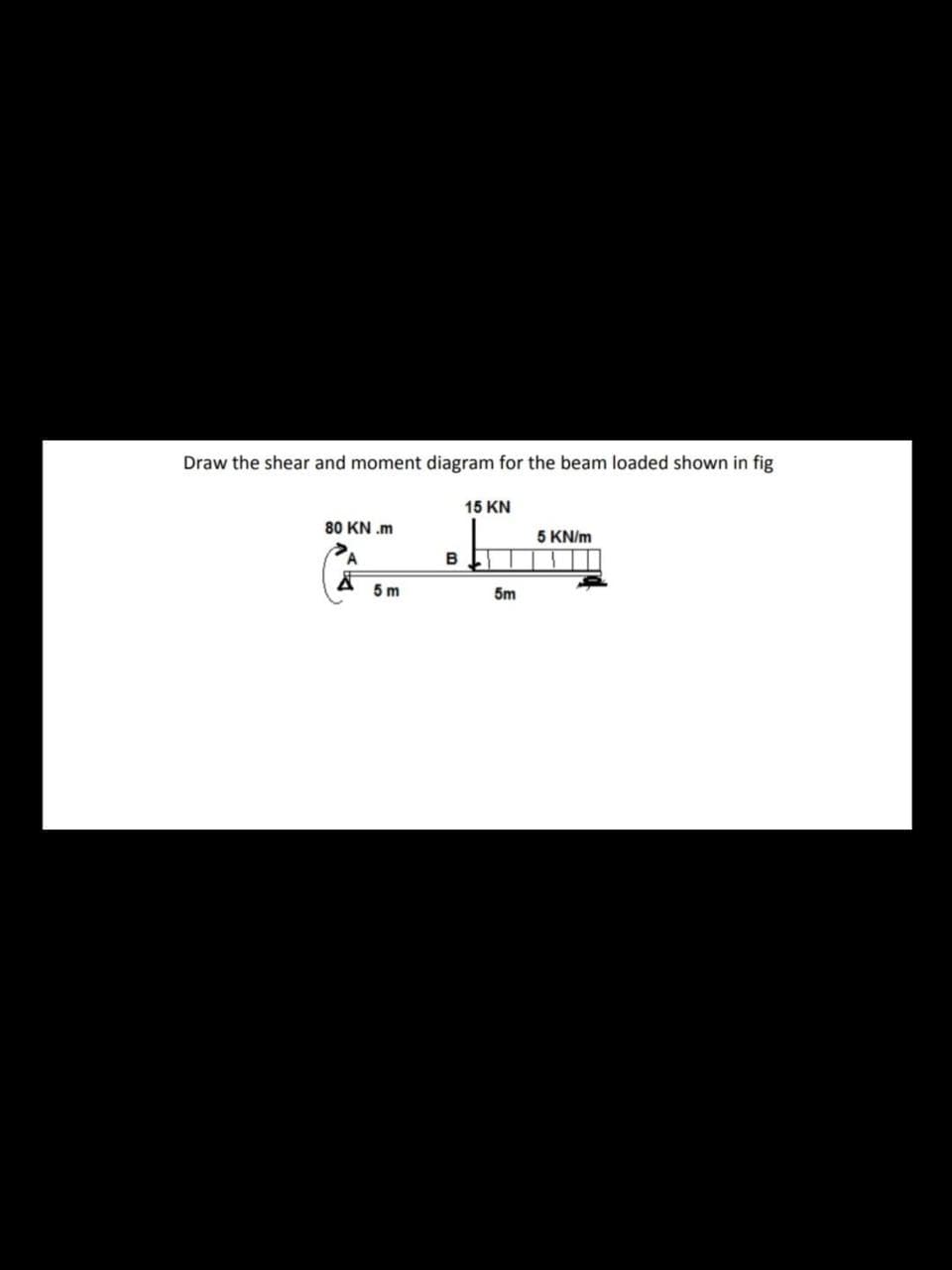 Draw the shear and moment diagram for the beam loaded shown in fig
15 KN
80 KN .m
5 KN/m
B
5 m
5m
