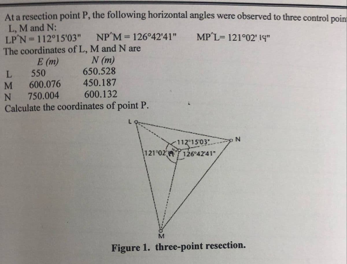 At a resection point P, the following horizontal angles were observed to three control poin
L, M and N:
MP L=121°02' 19"
LP N = 112°15'03" NP M = 126°42'41"
The coordinates of L, M and N are
E (m)
N (m)
L
550
650.528
M
600.076
450.187
N 750.004
600.132
Calculate the coordinates of point P.
N
112 1503
121 021126°42'41"
M
Figure 1. three-point resection.