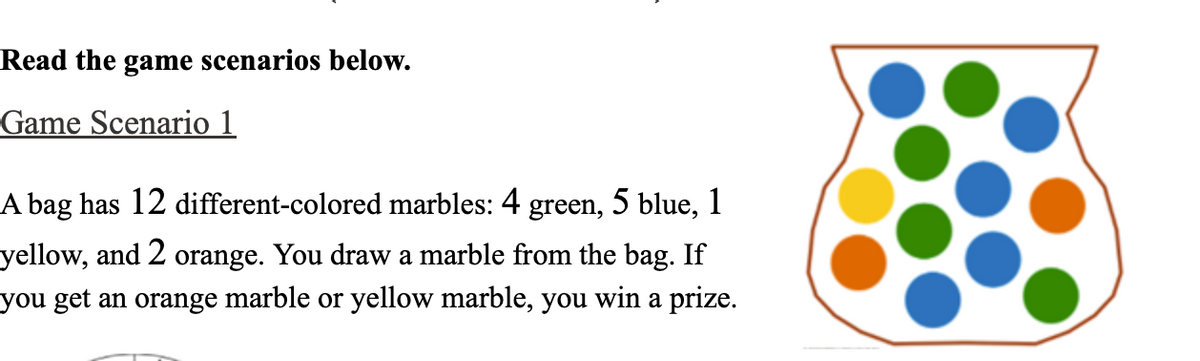 Read the game scenarios below.
Game Scenario 1
A bag has 12 different-colored marbles: 4
green,
5 blue, 1
yellow, and 2 orange. You draw a marble from the bag. If
you get an orange marble or yellow marble, you win a prize.
