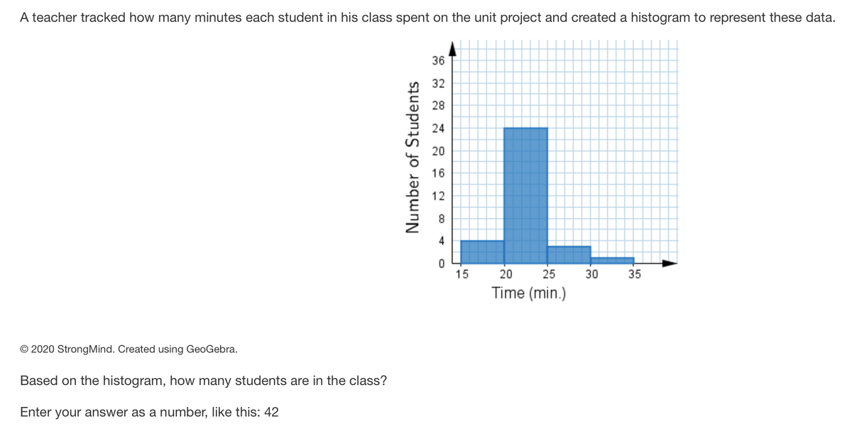 A teacher tracked how many minutes each student in his class spent on the unit project and created a histogram to represent these data.
36
32
28
24
20
16
12
8.
4
15
20
25
30
35
Time (min.)
O 2020 StrongMind. Created using GeoGebra.
Based on the histogram, how many students are in the class?
Enter your answer as a number, like this: 42
Number of Students
