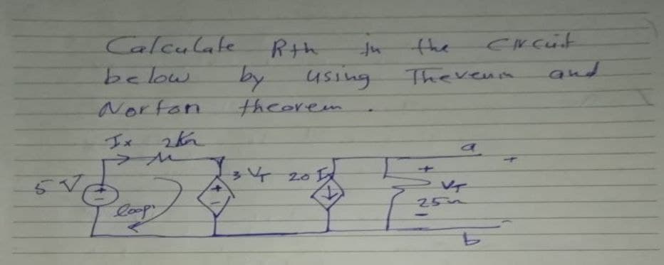 Calculate
Rth
the
below
by
using
Thereun
and
Norton
theorem
Ix
a
3420
5 V,
loop
25n
