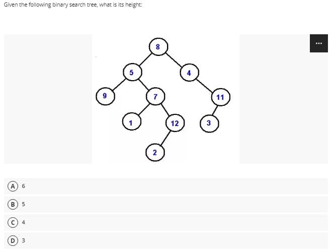 Given the following binary search tree, what is its height:
...
11
12
3
2
6
4

