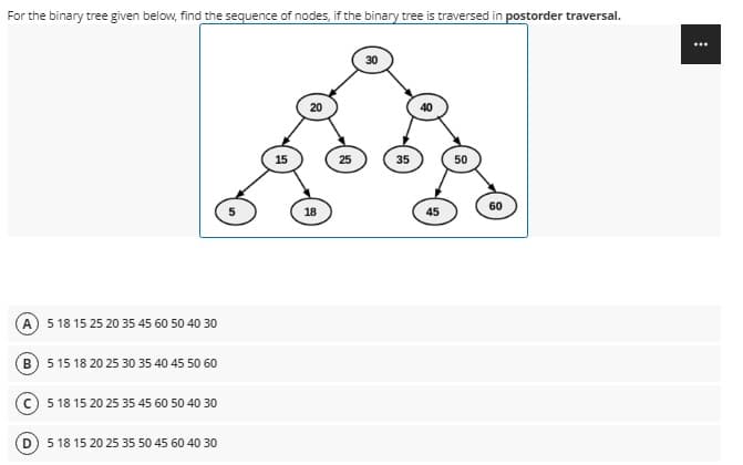 For the binary tree given below, find the sequence of nodes, if the binary tree is traversed in postorder traversal.
...
30
20
15
25
35
50
60
18
45
(A) 5 18 15 25 20 35 45 60 50 40 30
B) 5 15 18 20 25 30 35 40 45 50 60
5 18 15 20 25 35 45 60 50 40 30
5 18 15 20 25 35 50 45 60 40 30
