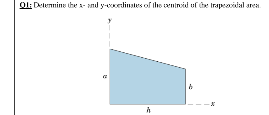 01: Determine the x- and y-coordinates of the centroid of the trapezoidal
y
a
b
–- x
h

