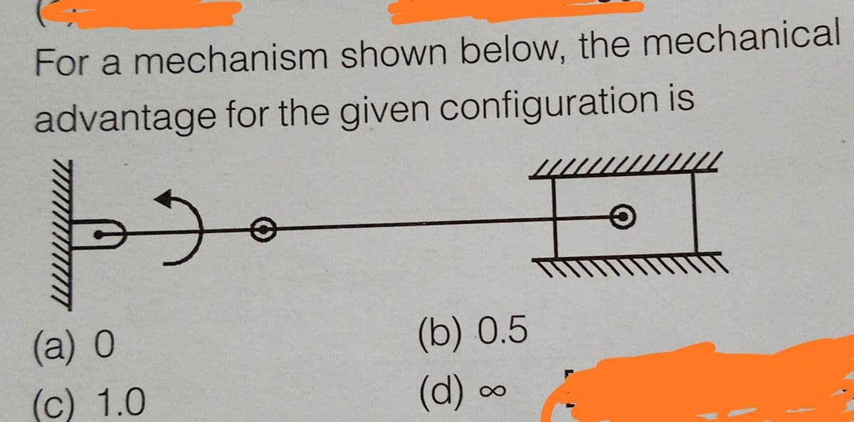 For a mechanism shown below, the mechanical
advantage for the given configuration is
(a) 0
(b) 0.5
(c) 1.0
(d) c
