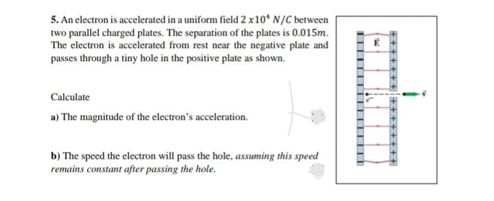 5. An electron is accelerated in a uniform field 2 x10* N/C between
two parallel charged plates. The separation of the plates is 0.015m.
The electron is accelerated from rest near the negative plate and
passes through a tiny hole in the positive plate as shown.
Calculate
a) The magnitude of the electron's acceleration.
b) The speed the electron will pass the hole, assuming this speed
remains constant after passing the hole.
+++
++++ ++++
