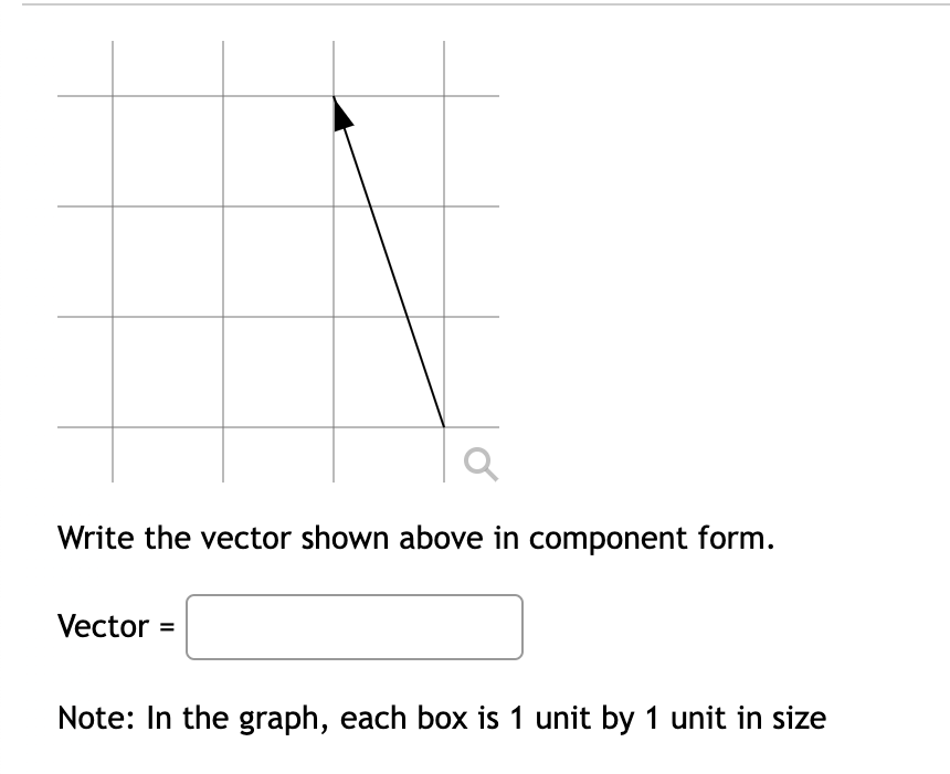 Write the vector shown above in component form.
Vector =
Note: In the graph, each box is 1 unit by 1 unit in size
