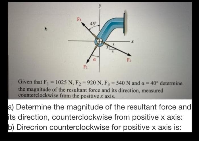 Fs
45°
F1
F2
Given that F = 1025 N, F2 920 N, F3 = 540 N and a 40° determine
the magnitude of the resultant force and its direction, measured
counterclockwise from the positive x axis.
%3D
%3D
a) Determine the magnitude of the resultant force and
its direction, counterclockwise from positive x axis:
b) Direcrion counterclockwise for positive x axis is:
