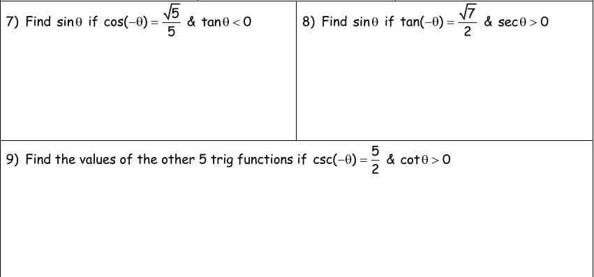 V5
7) Find sine if cos(-0) =
& tane < 0
5
8) Find sine if tan(-0)
& sece >0
2
5
& cot0 >0
2
9) Find the values of the other 5 trig functions if csc(-0) =
