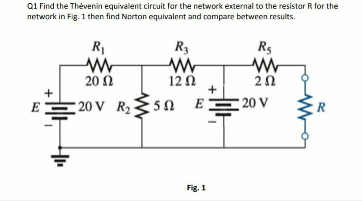 Q1 Find the Thévenin equivalent circuit for the network external to the resistor R for the
network in Fig. 1 then find Norton equivalent and compare between results.
R1
R3
R5
20 Ω
12 N
+
2Ω
E
20 V R2E5 N
E
20 V
R
Fig. 1
