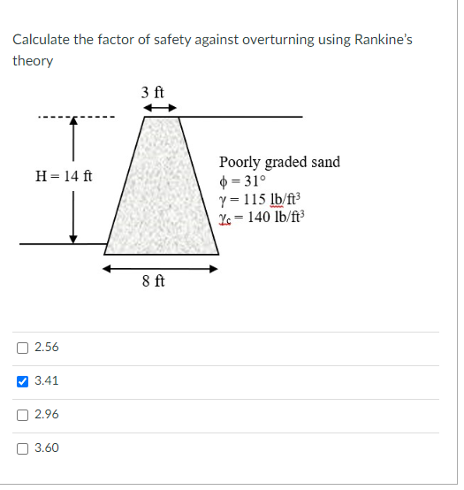 Calculate the factor of safety against overturning using Rankine's
theory
3 ft
H = 14 ft
Poorly graded sand
$ = 31°
Y = 115 lb/ft³
c=140 lb/ft³
2.56
3.41
2.96
3.60
8 ft