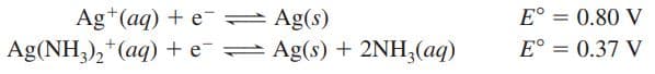 Ag+(aq) + e = Ag(s)
Ag(NH,),+(aq) + e = Ag(s) + 2NH;(aq)
E° = 0.80 V
E° = 0.37 V
