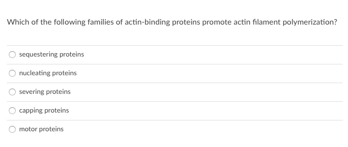 Which of the following families of actin-binding proteins promote actin filament polymerization?
sequestering proteins
nucleating proteins
severing proteins
capping proteins
motor proteins
