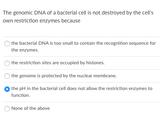The genomic DNA of a bacterial cell is not destroyed by the cell's
own restriction enzymes because
the bacterial DNA is too small to contain the recognition sequence for
the enzymes.
the restriction sites are occupied by histones.
the genome is protected by the nuclear membrane.
the pH in the bacterial cell does not allow the restriction enzymes to
function.
None of the above
