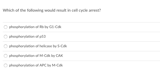 Which of the following would result in cell cycle arrest?
O phosphorylation of Rb by G1-Cdk
phosphorylation of p53
O phosphorylation of helicase by S-Cdk
phosphorylation of M-Cdk by CAK
phosphorylation of APC by M-Cdk
