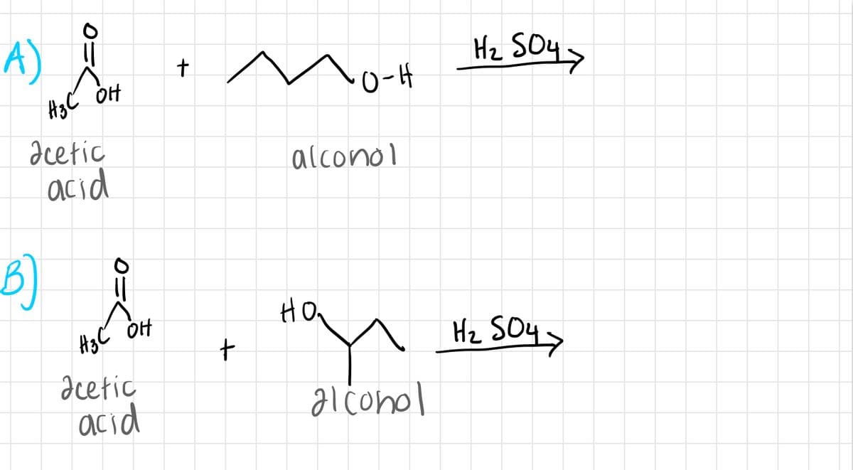 A) ģ
Hz SOy>
O-H
H3C ÖH
acetic
acid
alconol
B)
HO
H3C OH
Hz SO4>
acetic
acid
aiconol

