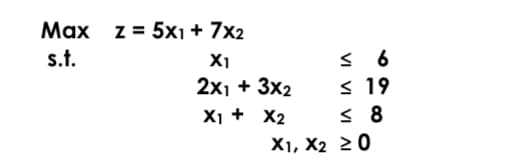 Маx
z = 5x1 + 7x2
s.t.
X1
2х1 + 3x2
< 19
X1 + X2
X1, X2 2 0
