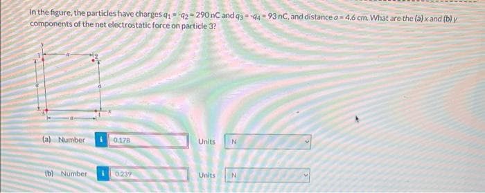 In the figure, the particles have charges q₁-92-290 nC and 93-94-93 nC, and distance a-4.6 cm. What are the (a) x and (b) y
components of the net electrostatic force on particle 3?
(a) Number i 0.178
(b) Number
0.239
Units N
Units
N