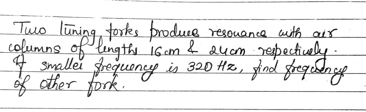Twio lūning torks produce resonance with air
columns of length 16 cm & 24cm respectively
4 smaller frequency is 320 Hz, find frequence
of other fork.