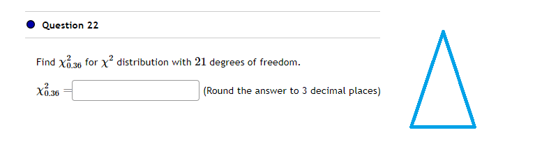 Question 22
Find X3.36 for X² distribution with 21 degrees of freedom.
X0.36
(Round the answer to 3 decimal places)
