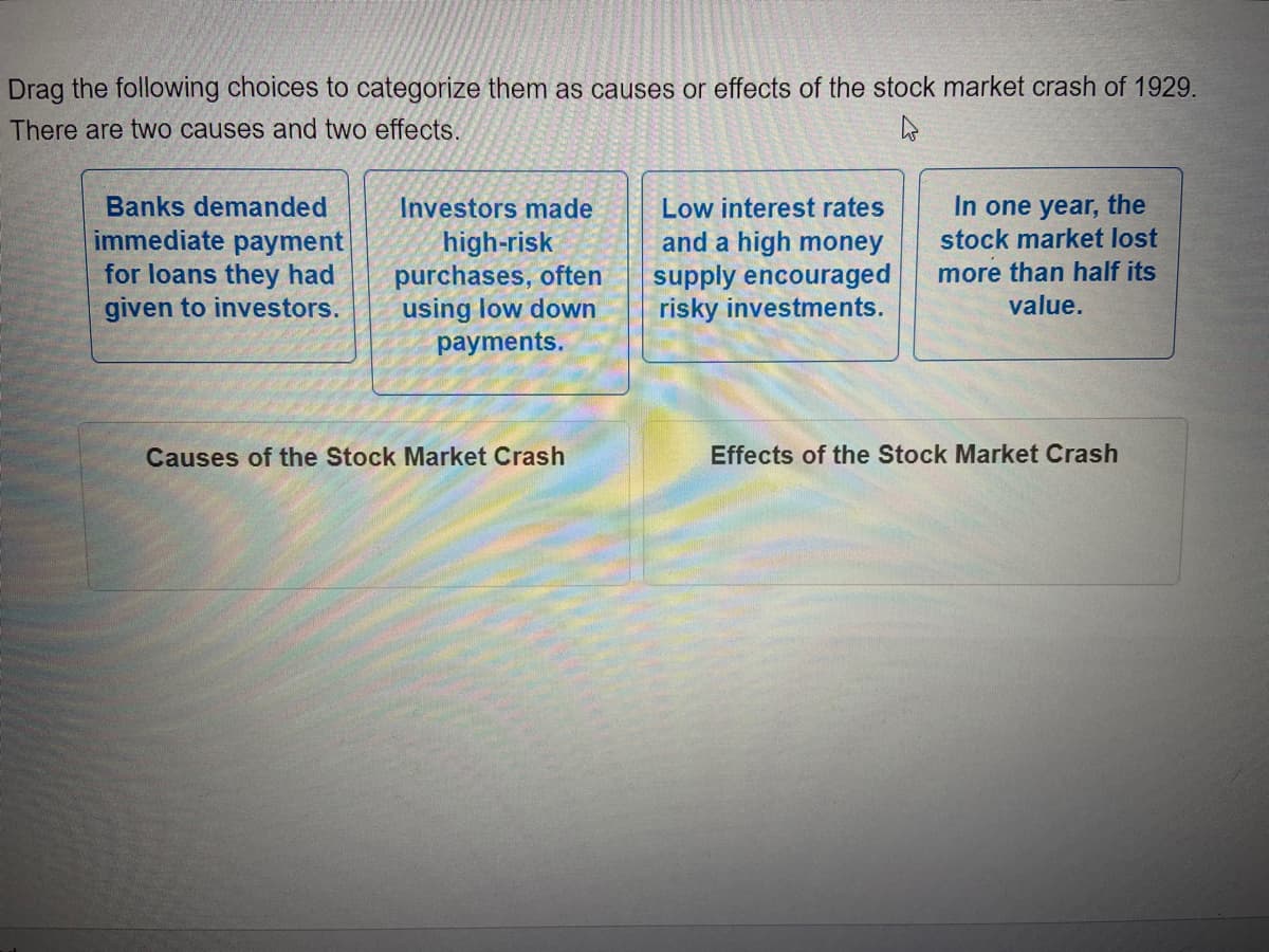 Drag the following choices to categorize them as causes or effects of the stock market crash of 1929.
There are two causes and two effects.
In one year, the
stock market lost
Banks demanded
immediate payment
for loans they had
given to investors.
Investors made
Low interest rates
high-risk
purchases, often
using low down
payments.
and a high money
supply encouraged
risky investments.
more than half its
value.
Causes of the Stock Market Crash
Effects of the Stock Market Crash
