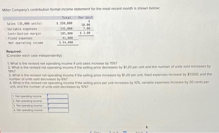 Miller Company's contribution format income statement for the most recent month is shown below:
Total
Per Unit
$
10.00
$ 350,000
7.00
$ 3.00
Sales (35,000 units)
Variable expenses
Contribution margin
Fixed expenses
Net operating income
245,000
105,000
41,000
$ 64,000
Required:
(Consider each case independently):
1. What is the revised net operating income if unit sales increase by 15%?
2. What is the revised net operating income if the selling price decreases by $1.20 per unit and the number of units sold increases by
19%?
1. Net operating income
2. Net operating income
3. Net operating income
4. Net operating income
3. What is the revised net operating income if the selling price increases by $1.20 per unit, fixed expenses increase by $7,000, and the
number of units sold decreases by 6%?
4. What is the revised net operating income if the selling price per unit increases by 10%, variable expenses increase by 30 cents per
unit, and the number of units sold decreases by 10%?
Benit
www.
Kaik