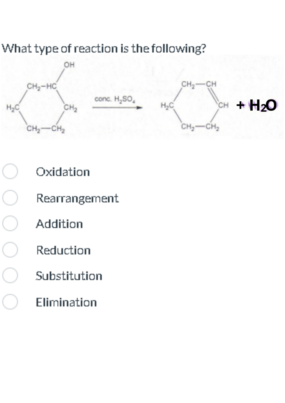 What type of reaction is the following?
OH
H₂C
CH, HỌ
CH₂
CH₂-CH₂
conc. H₂SO₂
O Oxidation
O Rearrangement.
O Addition
O Reduction
O Substitution
O Elimination
H₂C
CH₂-CH
CH + H2O
CH₂ CH₂