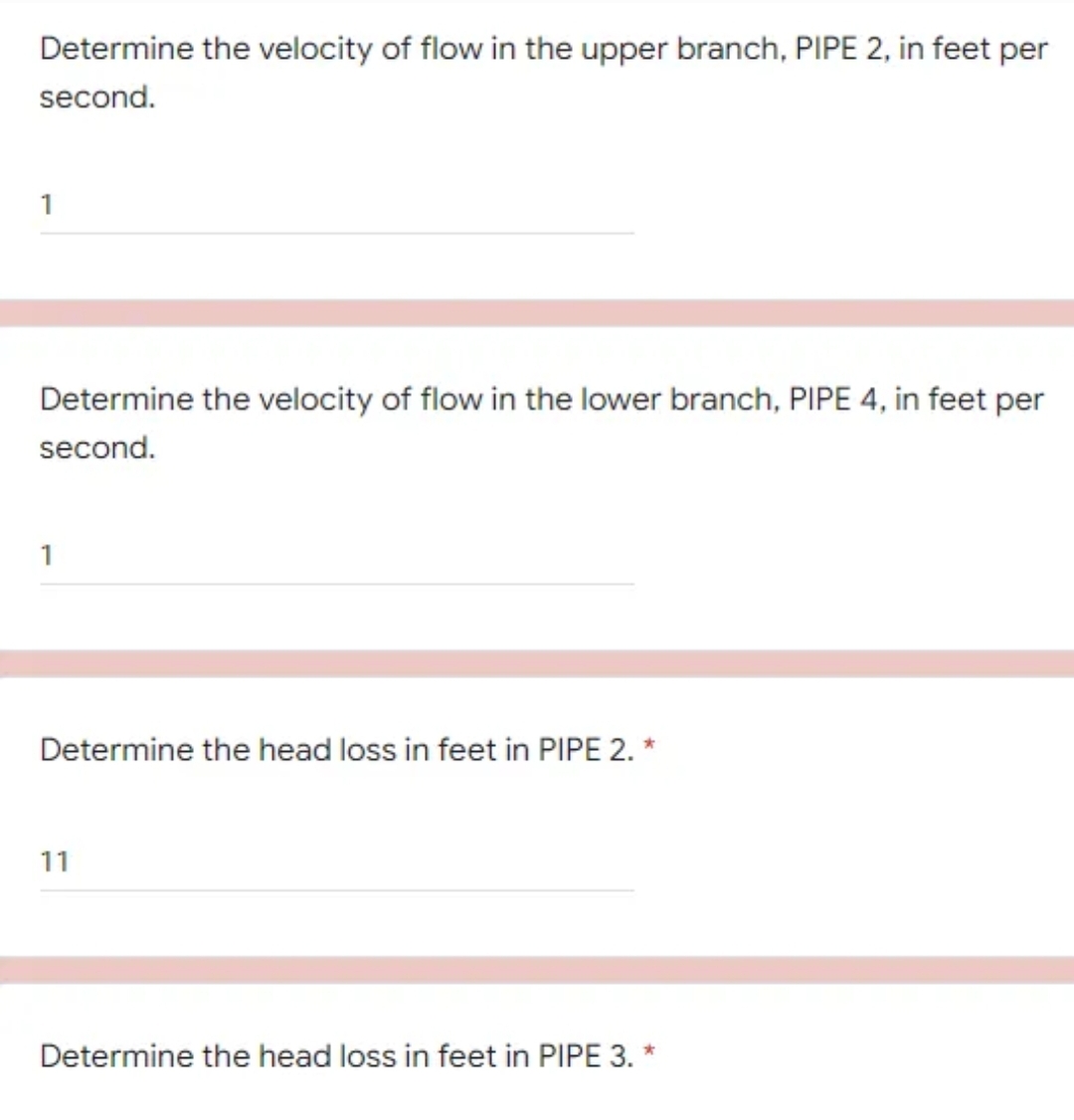 Determine the velocity of flow in the upper branch, PIPE 2, in feet per
second.
1
Determine the velocity of flow in the lower branch, PIPE 4, in feet per
second.
Determine the head loss in feet in PIPE 2. *
11
*
Determine the head loss in feet in PIPE 3.