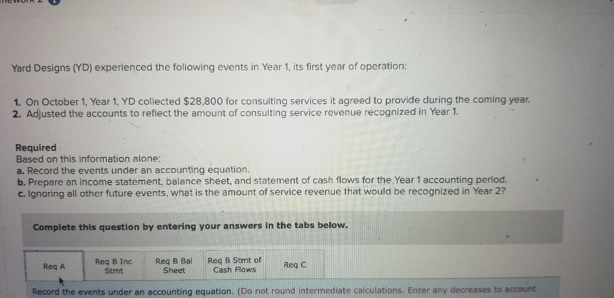 Yard Designs (YD) experienced the following events in Year 1, its first year of operation:
1. On October 1, Year 1, YD collected $28,800 for consulting services it agreed to provide during the coming year.
2. Adjusted the accounts to reflect the amount of consulting service revenue recognized in Year 1.
Required
Based on this information alone:
a. Record the events under an accounting equation.
b. Prepare an income statement, balance sheet, and statement of cash flows for the Year 1 accounting period.
c. Ignoring all other future events, what is the amount of service revenue that would be recognized in Year 2?
Complete this question by entering your answers in the tabs below.
Reg B Inc
Stmt
Reg B Bal
Sheet
Reg B Stmt of
Cash Flows
Reg A
Req C
Record the events under an accounting equation. (Do not round intermediate calculations. Enter any decreases to account
