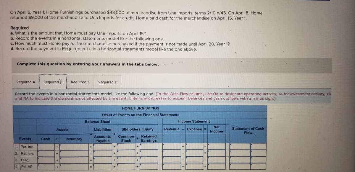 On April 6, Year 1, Home Furnishings purchased $43,000 of merchandise from Una Imports, terms 2/10 n/45. On April 8, Home
returned $9,000 of the merchandise to Una Imports for credit. Home paid cash for the merchandise on April 15, Year 1.
Required
a. What is the amount that Home must pay Una Imports on April 15?
b. Record the events in a hörizontal statements model like the following one.
c. How much must Home pay for the merchandise purchased if the payment is not made until April 20, Year 1?
d. Record the payment in Requirement c in a horizontal statements model like the one above.
Complete this question by entering your answers in the tabs below.
Required A
Required 3
Required C
Required D
Record the events in a horizontal statements model like the following one. (In the Cash Flow column, use OA to designate operating activity, IA for investment activity, FA
and NA to indicate the element is not affected by the event. Enter any decreases to account balances and cash outflows with a minus sign.)
HOME FURNISHINGS
Effect of Events on the Financial Statements
Balance Sheet
Income Statement
Net
Income
Statement of Cash
Flow
Assets
Liabillties
Stkholders' Equity
Revenue -Expense =
Common
Stock
Accounts
Retained
Events
Cash
Inventory
+
Payable
Earnings
1. Pur. inv.
2. Ret. inv.
3. Disc.
4. Pd. AP
