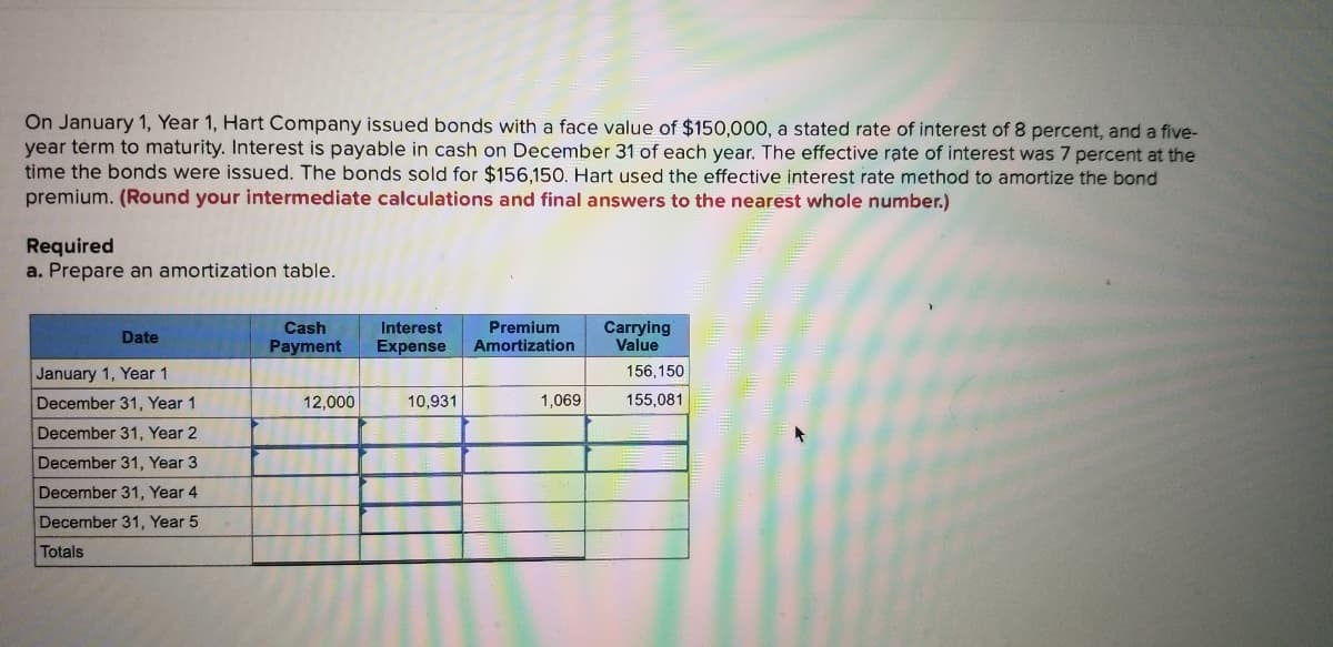 On January 1, Year 1, Hart Company issued bonds with a face value of $150,000, a stated rate of interest of 8 percent, and a five-
year term to maturity. Interest is payable in cash on December 31 of each year. The effective rate of interest was 7 percent at the
time the bonds were issued. The bonds sold for $156,150. Hart used the effective interest rate method to amortize the bond
premium. (Round your intermediate calculations and final answers to the nearest whole number.)
Required
a. Prepare an amortization table.
Cash
Payment
Premium
Amortization
Carrying
Value
Interest
Date
Expense
January 1, Year 1
December 31, Year 1
156,150
12,000
10,931
1,069
155,081
December 31, Year 2
December 31, Year 3
December 31, Year 4
December 31, Year 5
Totals
