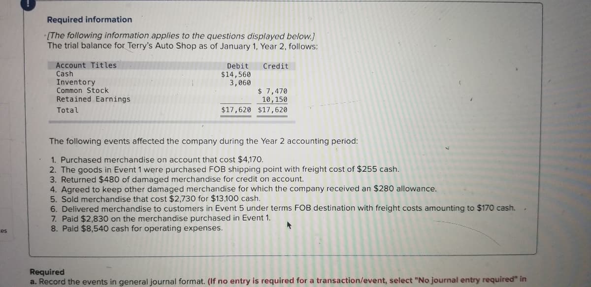 Required information
[The following information .applies to the questions displayed below.]
The trial balance for Terry's Auto Shop as of January 1, Year 2, follows:
Account Titles
Cash
Inventory
Common Stock
Retained Earnings
Debit
Credit
$14,560
3,060
$ 7,470
10,150
Total
$17,620 $17,620
The following events affected the company during the Year 2 accounting period:
1. Purchased merchandise on account that cost $4,170.
2. The goods in Event 1 were purchased FOB shipping point with freight cost of $255 cash.
3. Returned $480 of damaged merchandise for credit on account.
4. Agreed to keep other damaged merchandise for which the company received an $280 allowance.
5. Sold merchandise that cost $2,730 for $13,100 cash.
6. Delivered merchandise to customers in Event 5 under terms FOB destination with freight costs amounting to $170 cash.
7. Paid $2,830 on the merchandise purchased in Event 1.
8. Paid $8,540 cash for operating expenses.
ces
Required
a. Record the events in general journal format. (If no entry is required for a transaction/event, select "No journal entry required" in
