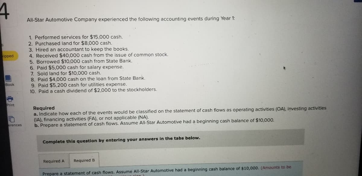 4.
All-Star Automotive Company experienced the following accounting events during Year 1:
1. Performed services for $15,000 cash.
2. Purchased land for $8,000 cash.
3. Hired an accountant to keep the books.
4. Received $40,000 cash from the issue of common stock.
5. Borrowed $10,000 cash from State Bank.
6. Paid $5,000 cash for salary expense.
7. Sold land for $10,000 cash.
8. Paid $4,000 cash on the loan from State Bank.
9. Paid $5,200 cash for utilities expense.
10. Paid a cash dividend of $2,000 to the stockholders.
ipped
Book
Print
Required
a. Indicate how each of the events would be classified on the statement of cash flows as operating activities (OA), investing activities
(IA), financing activities (FA), or not applicable (NA).
b. Prepare a statement of cash flows. Assume All-Star Automotive had a beginning cash balance of $10,00o.
erences
Complete this question by entering your answers in the tabs below.
Required A
Required B
Prepare a statement of cash flows, Assume All-Star Automotive had a beginning cash balance of $10,000. (Amounts to be
