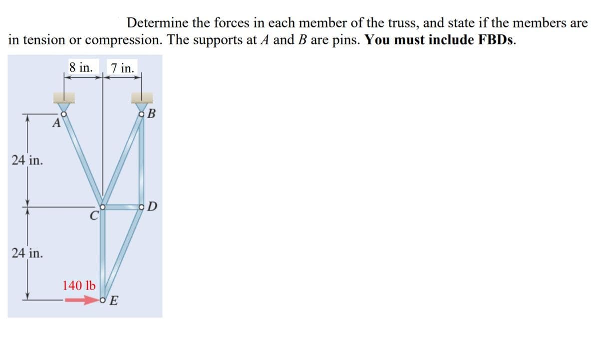 Determine the forces in each member of the truss, and state if the members are
in tension or compression. The supports at A and B are pins. You must include FBDS.
8 in.
7 in.
A
24 in.
OD
24 in.
140 lb
