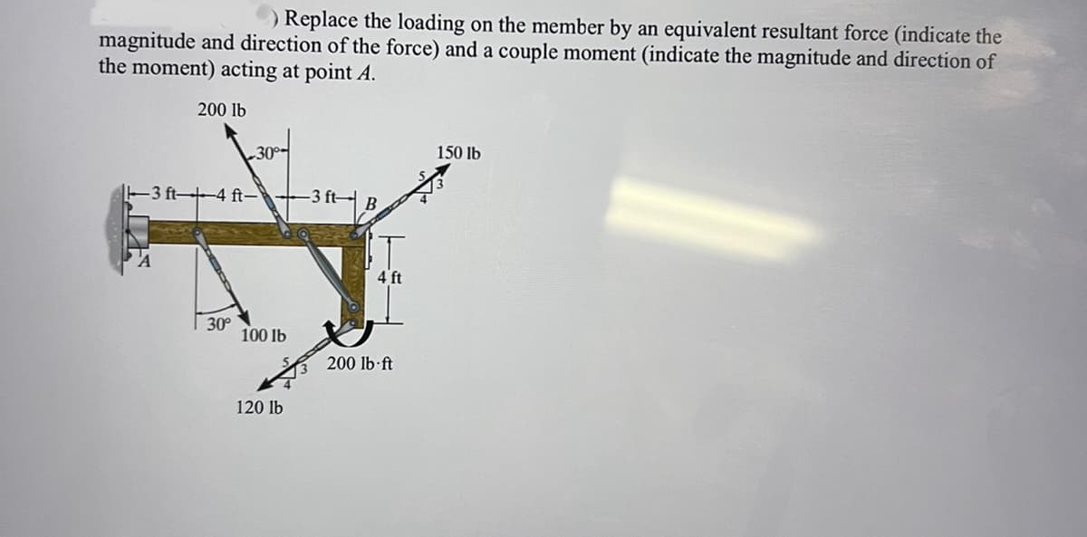 Replace the loading on the member by an equivalent resultant force (indicate the
magnitude and direction of the force) and a couple moment (indicate the magnitude and direction of
the moment) acting at point A.
200 lb
150 lb
3 ft-4 ft-
-3 ft-
30°
100 lb
120 lb
4 ft
200 lb-ft