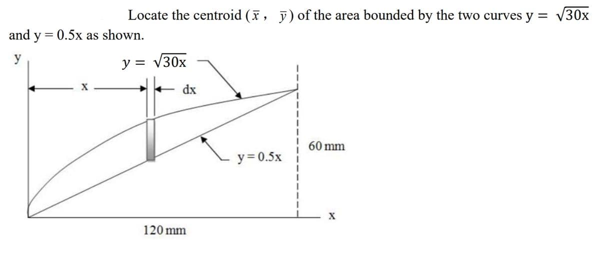 Locate the centroid (x, ỹ) of the area bounded by the two curves y = V30x
and y = 0.5x as shown.
y
y = V30x
30х
dx
60 mm
y= 0.5x
X
120 mm
